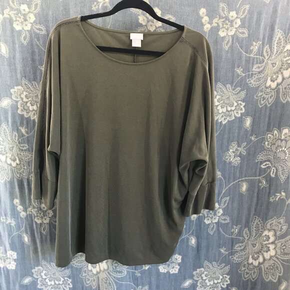 Chico's army green ribbed metallic line sleeve detail dolman blouse size XL - Picture 1 of 4